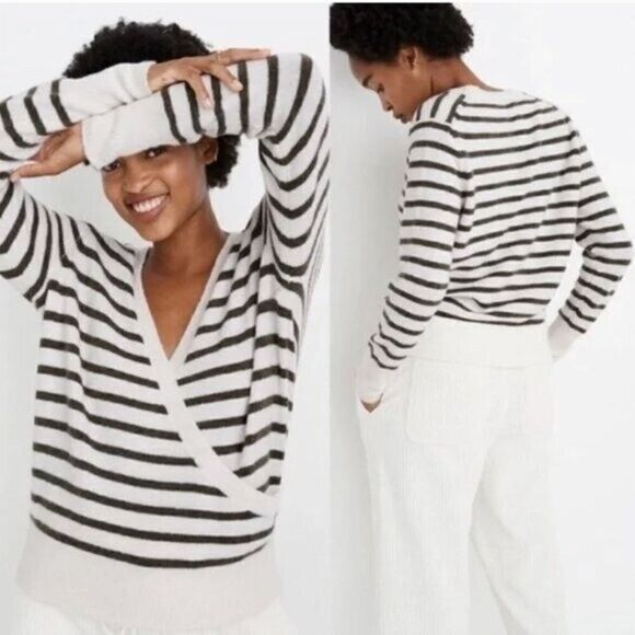 Madewell Wrap Front Sweater in Elthorne Green & White Stripe XXS - Picture 1 of 6